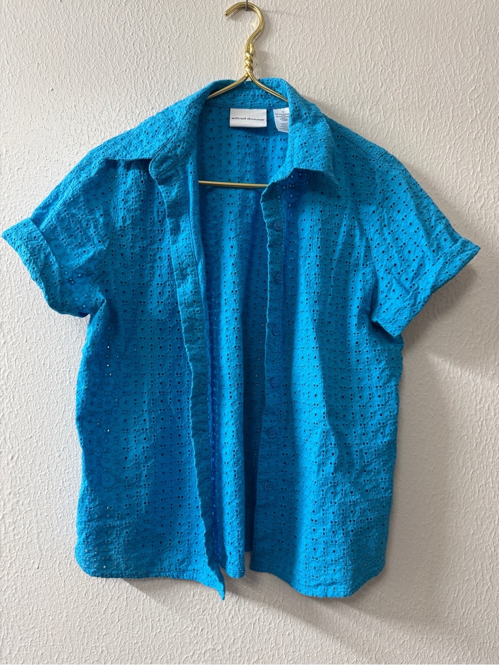 Womens Alfred Dunner Eyelet Short Sleeve Button-Up Top Blue Size 10